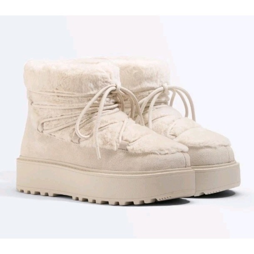 Oysho Faux Fur Split Leather Lace Up Boots Size 9 EU40‎ Platform Chunky Beige